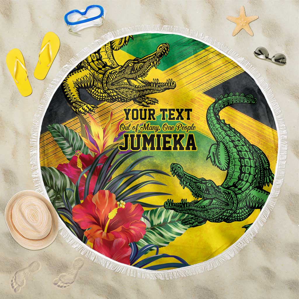 Personalized Jamaica Crocodile Beach Blanket Tropical Flowers Grunge Flag - Wonder Print Shop