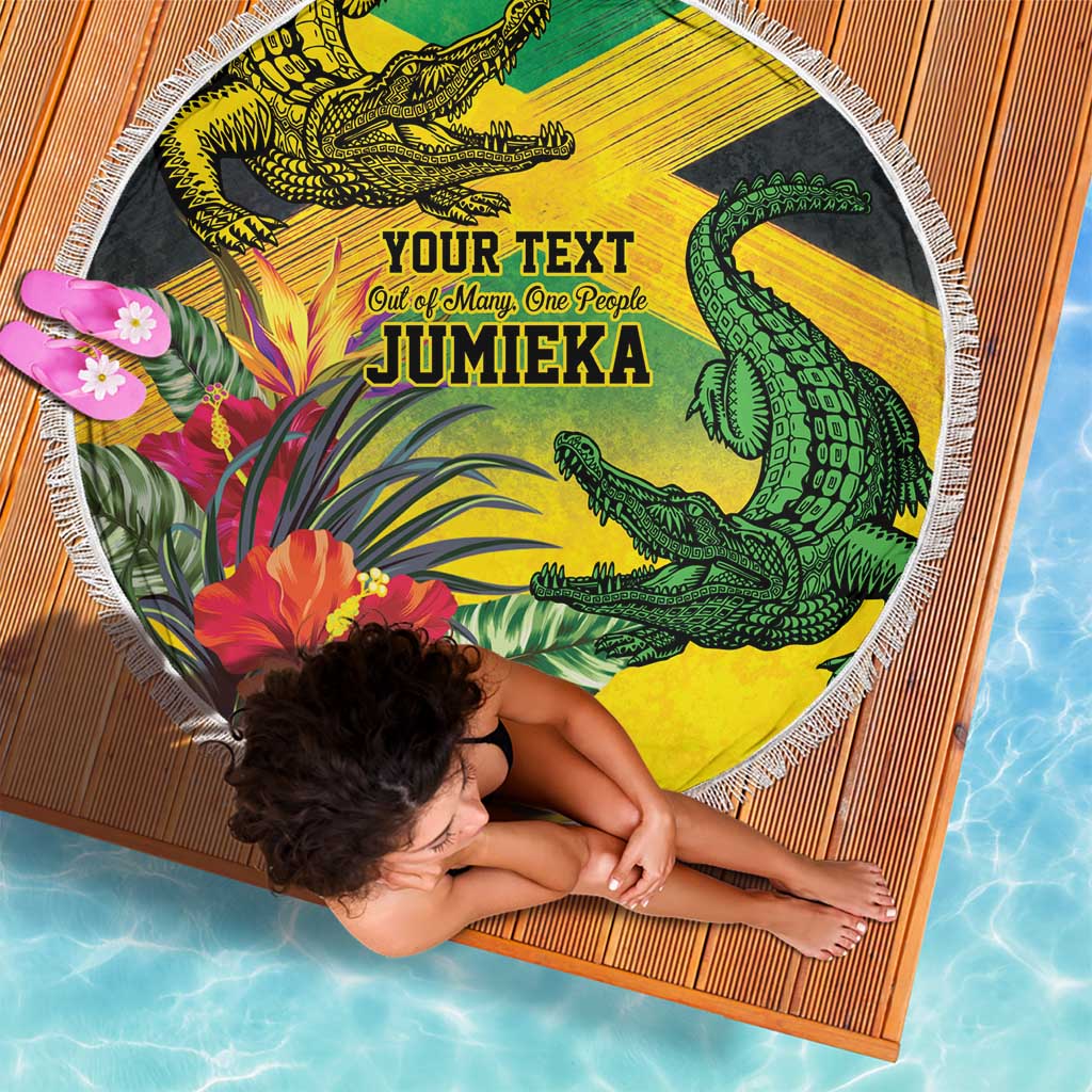Personalized Jamaica Crocodile Beach Blanket Tropical Flowers Grunge Flag - Wonder Print Shop