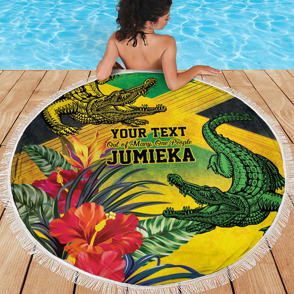 Personalized Jamaica Crocodile Beach Blanket Tropical Flowers Grunge Flag - Wonder Print Shop