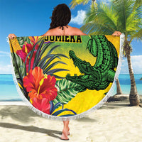 Personalized Jamaica Crocodile Beach Blanket Tropical Flowers Grunge Flag - Wonder Print Shop