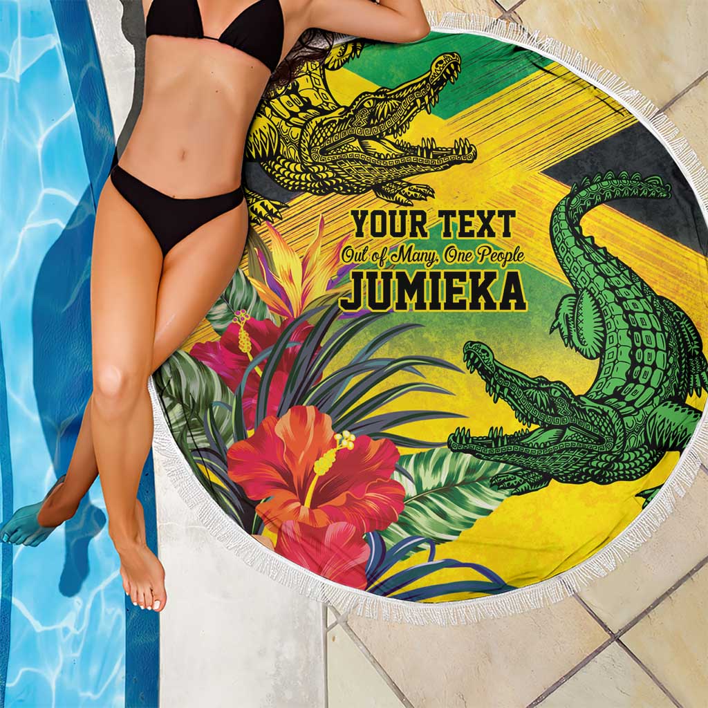 Personalized Jamaica Crocodile Beach Blanket Tropical Flowers Grunge Flag - Wonder Print Shop