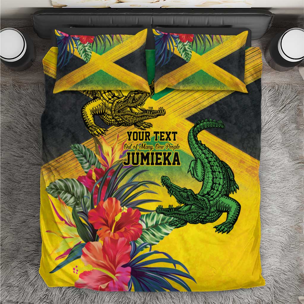 Personalized Jamaica Crocodile Bedding Set Tropical Flowers Grunge Flag - Wonder Print Shop