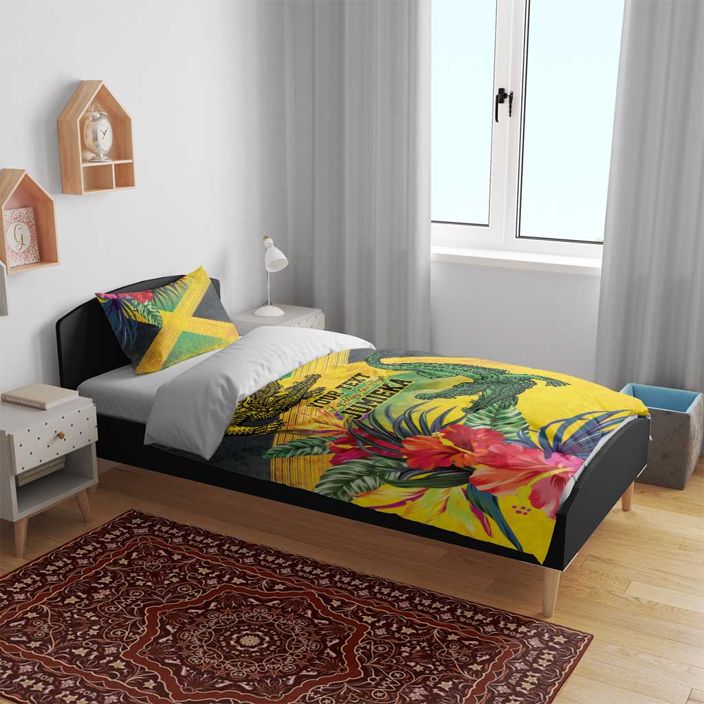 Personalized Jamaica Crocodile Bedding Set Tropical Flowers Grunge Flag - Wonder Print Shop