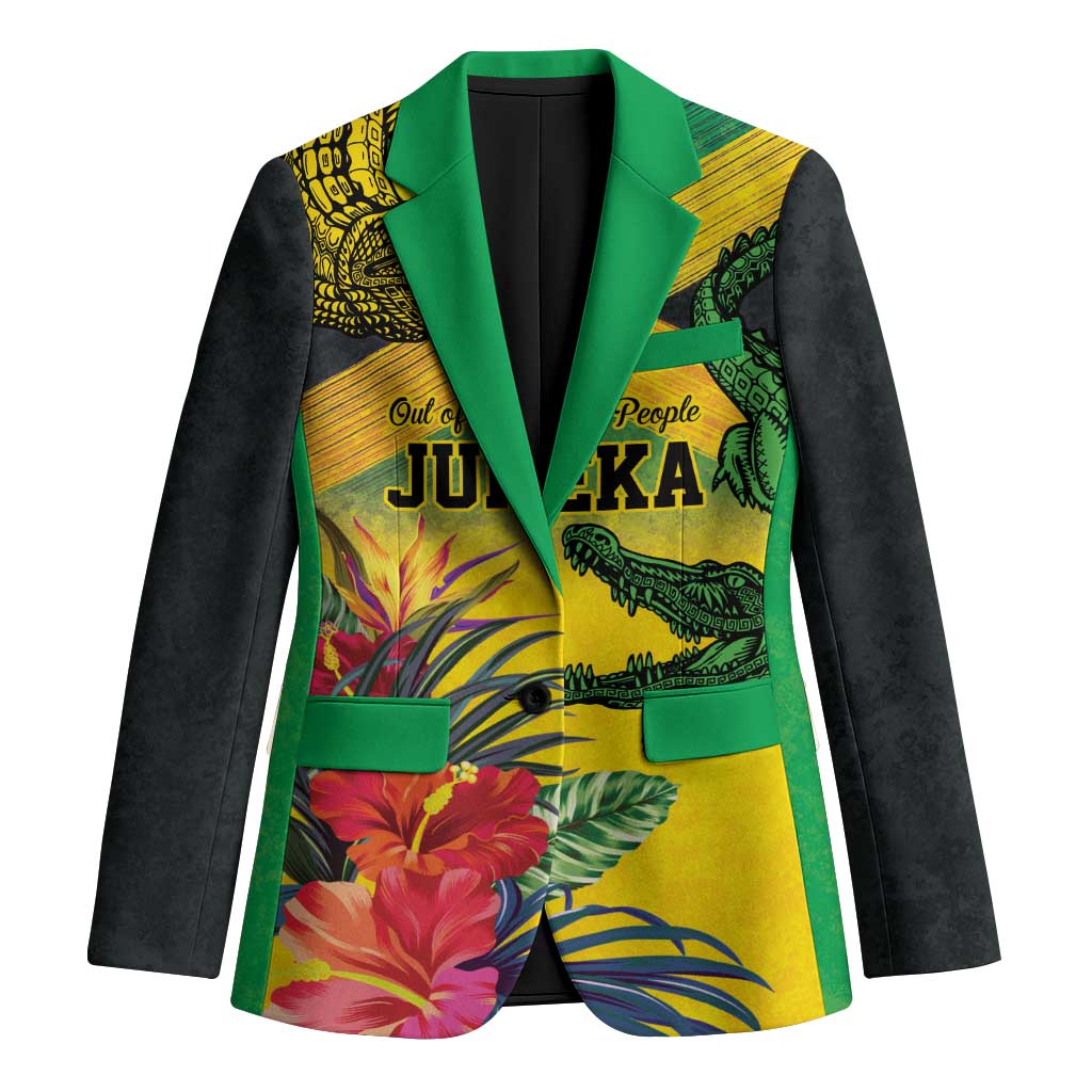 Personalized Jamaica Crocodile Blazer Tropical Flowers Grunge Flag - Wonder Print Shop