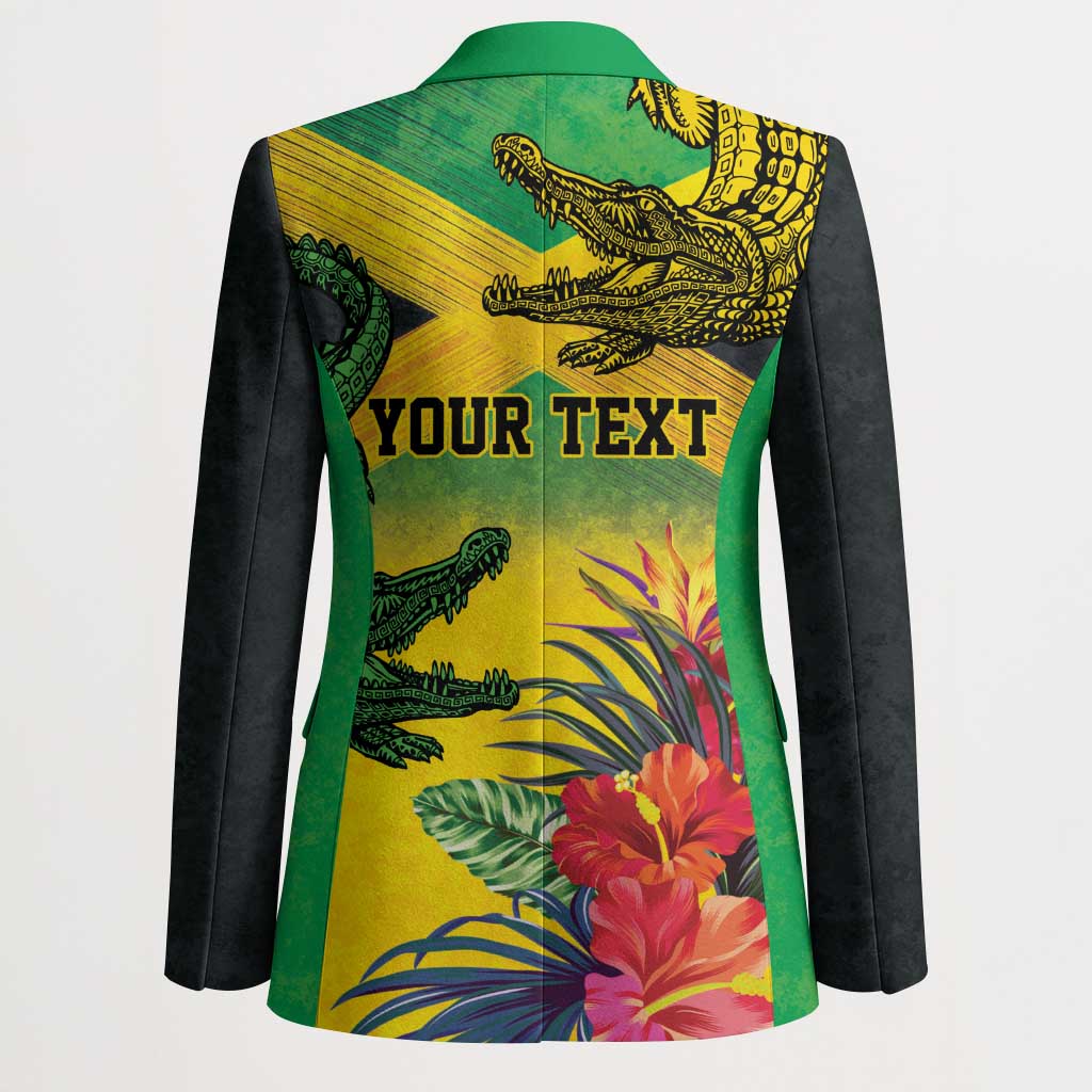 Personalized Jamaica Crocodile Blazer Tropical Flowers Grunge Flag - Wonder Print Shop