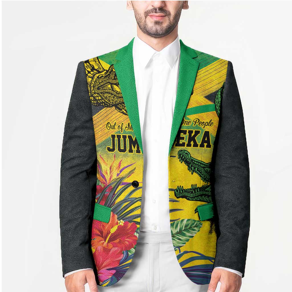 Personalized Jamaica Crocodile Blazer Tropical Flowers Grunge Flag - Wonder Print Shop