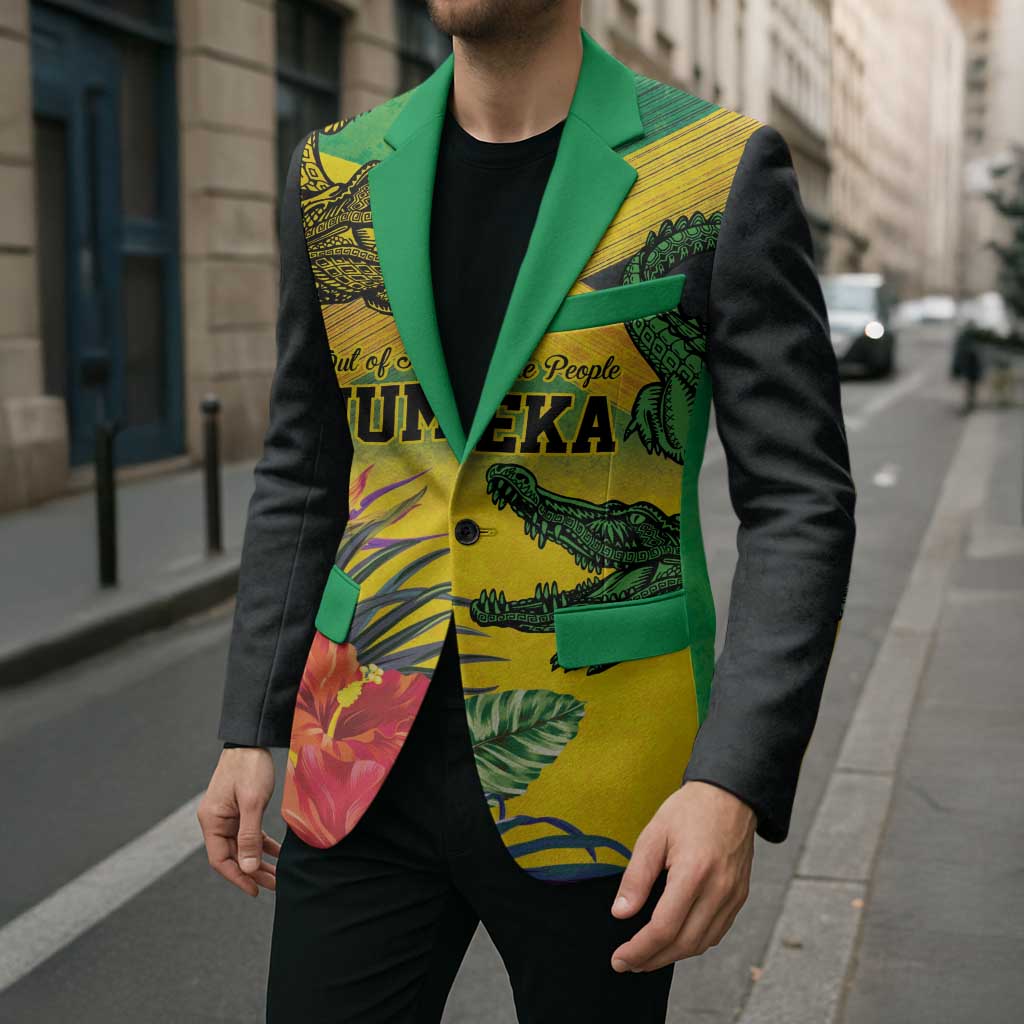 Personalized Jamaica Crocodile Blazer Tropical Flowers Grunge Flag - Wonder Print Shop