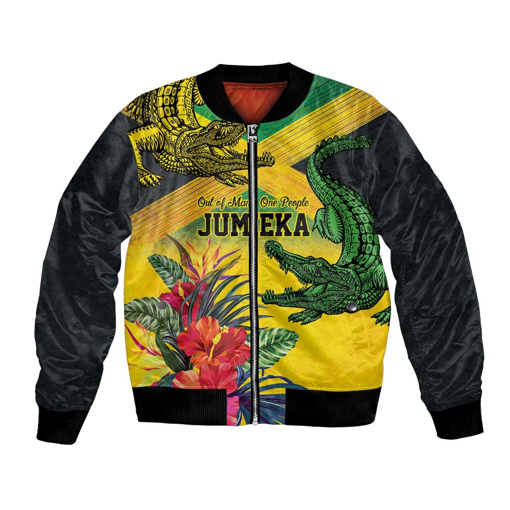 Personalized Jamaica Crocodile Bomber Jacket Tropical Flowers Grunge Flag - Wonder Print Shop