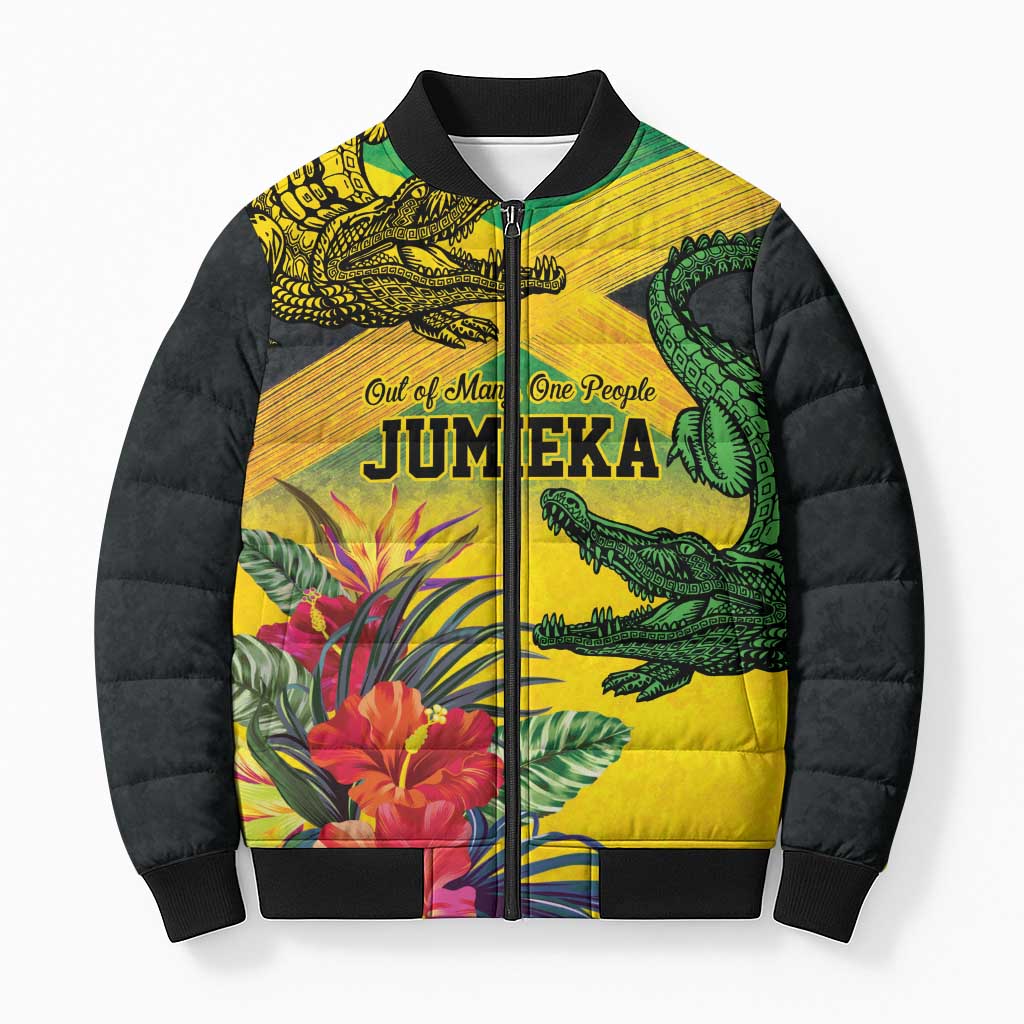 Personalized Jamaica Crocodile Bomber Puffer Jacket Tropical Flowers Grunge Flag - Wonder Print Shop