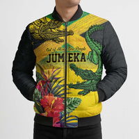Personalized Jamaica Crocodile Bomber Puffer Jacket Tropical Flowers Grunge Flag - Wonder Print Shop