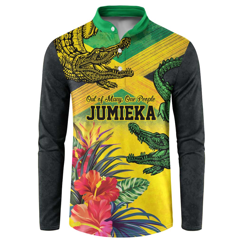 Personalized Jamaica Crocodile Button Sweatshirt Tropical Flowers Grunge Flag - Wonder Print Shop