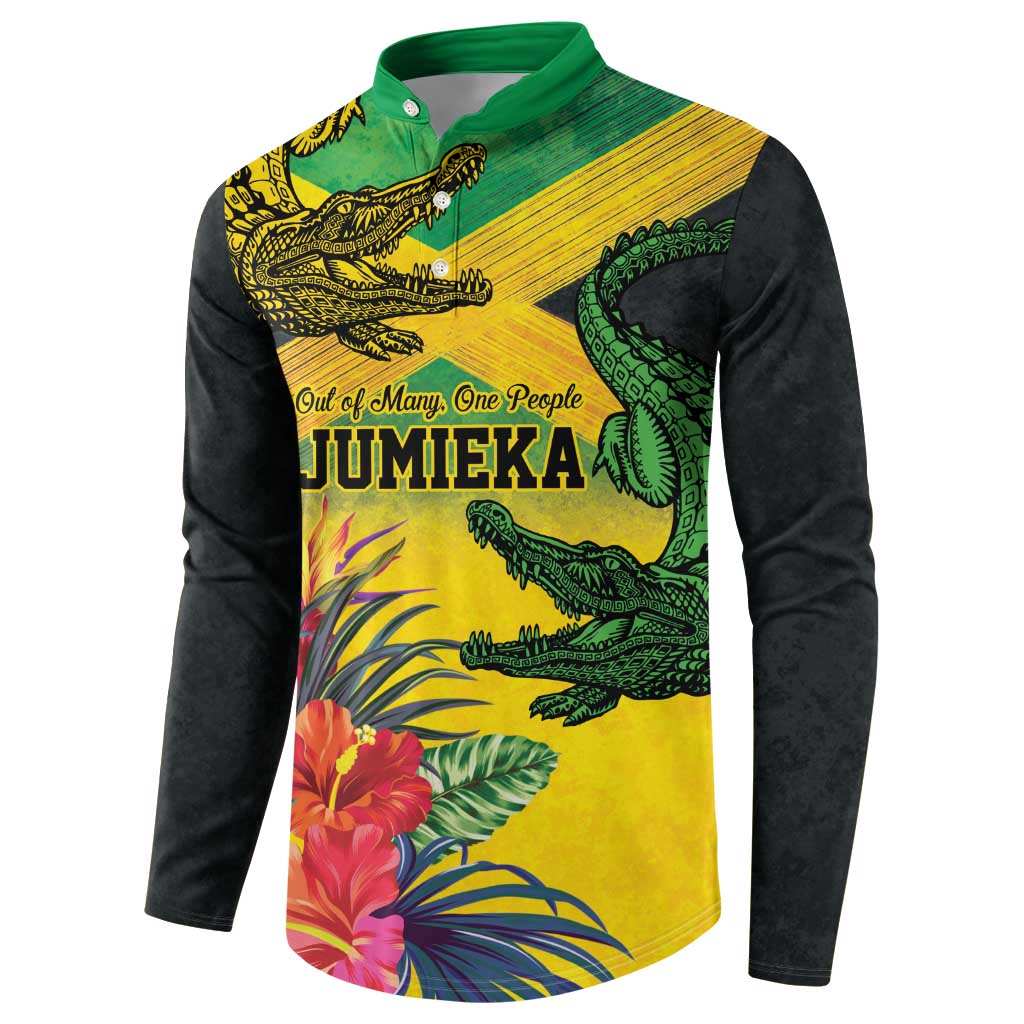 Personalized Jamaica Crocodile Button Sweatshirt Tropical Flowers Grunge Flag - Wonder Print Shop