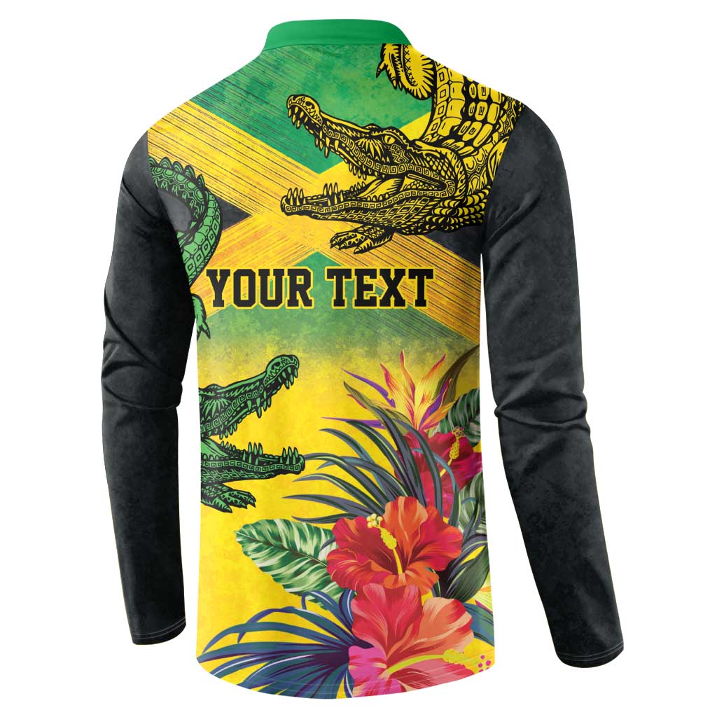 Personalized Jamaica Crocodile Button Sweatshirt Tropical Flowers Grunge Flag - Wonder Print Shop