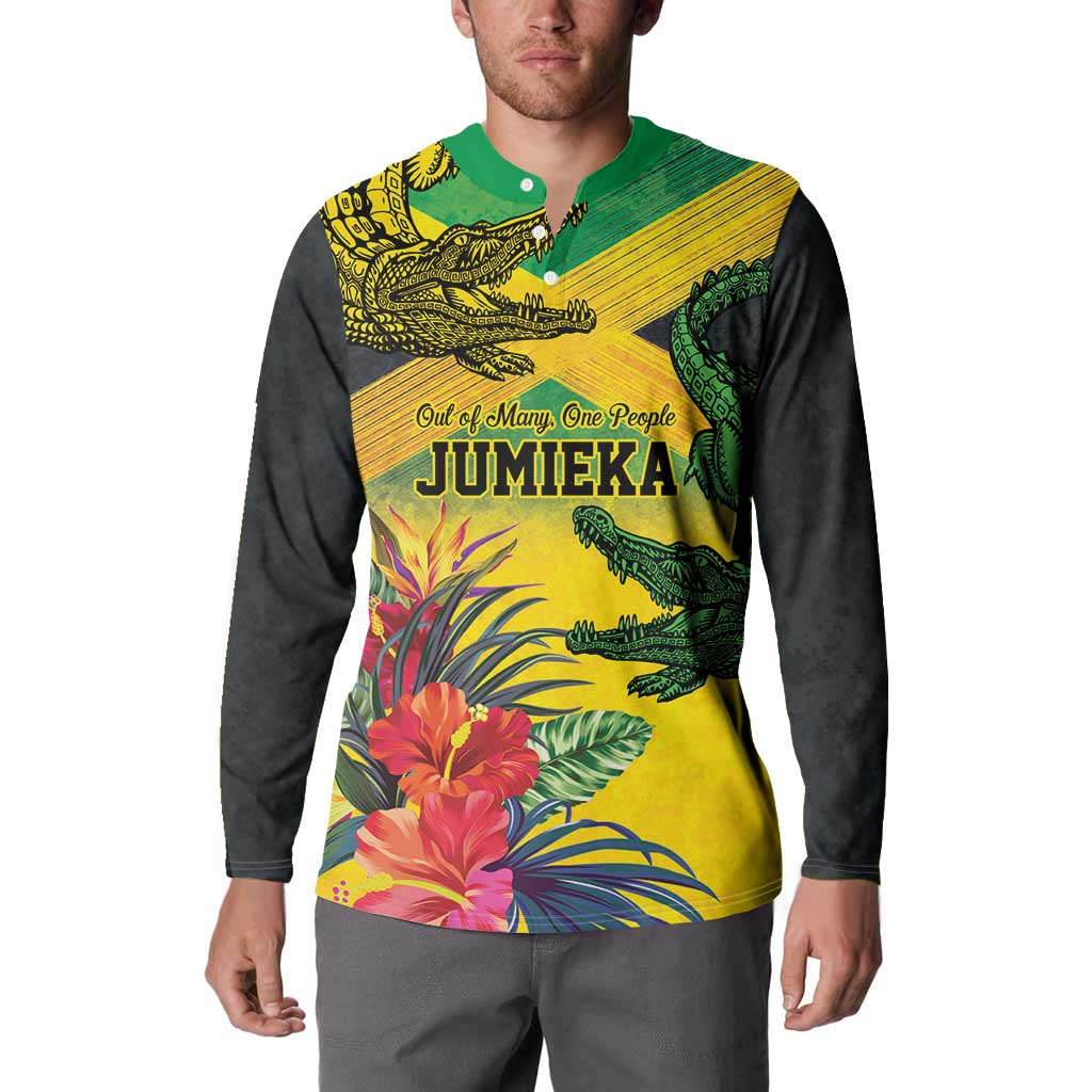 Personalized Jamaica Crocodile Button Sweatshirt Tropical Flowers Grunge Flag - Wonder Print Shop