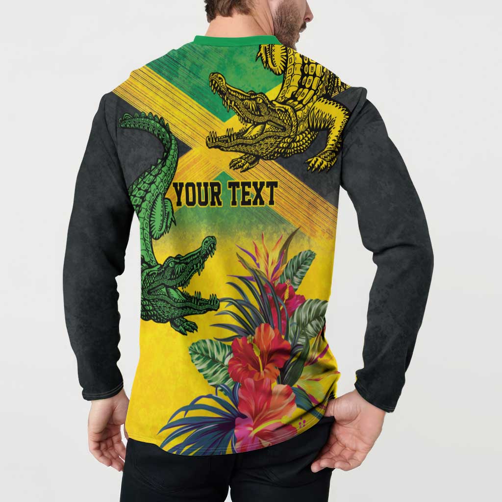 Personalized Jamaica Crocodile Button Sweatshirt Tropical Flowers Grunge Flag - Wonder Print Shop