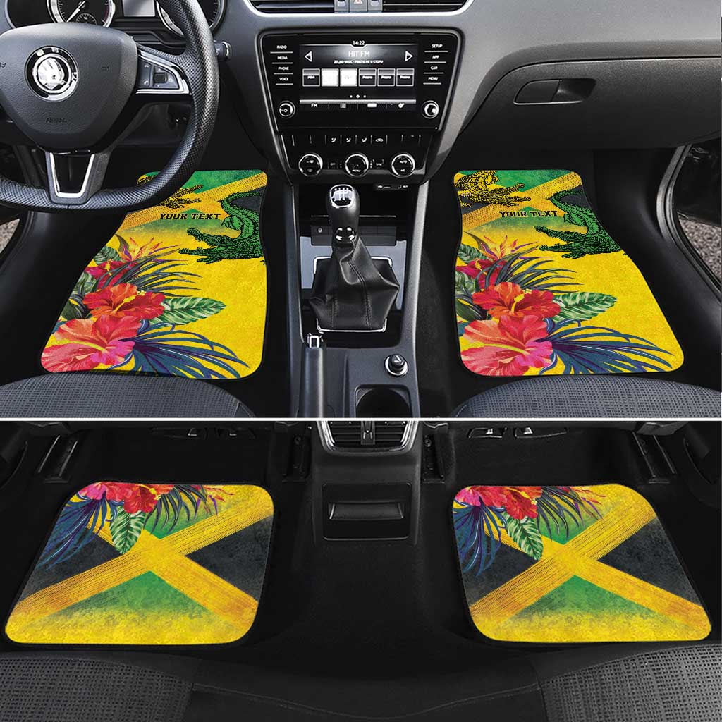 Personalized Jamaica Crocodile Car Mats Tropical Flowers Grunge Flag - Wonder Print Shop