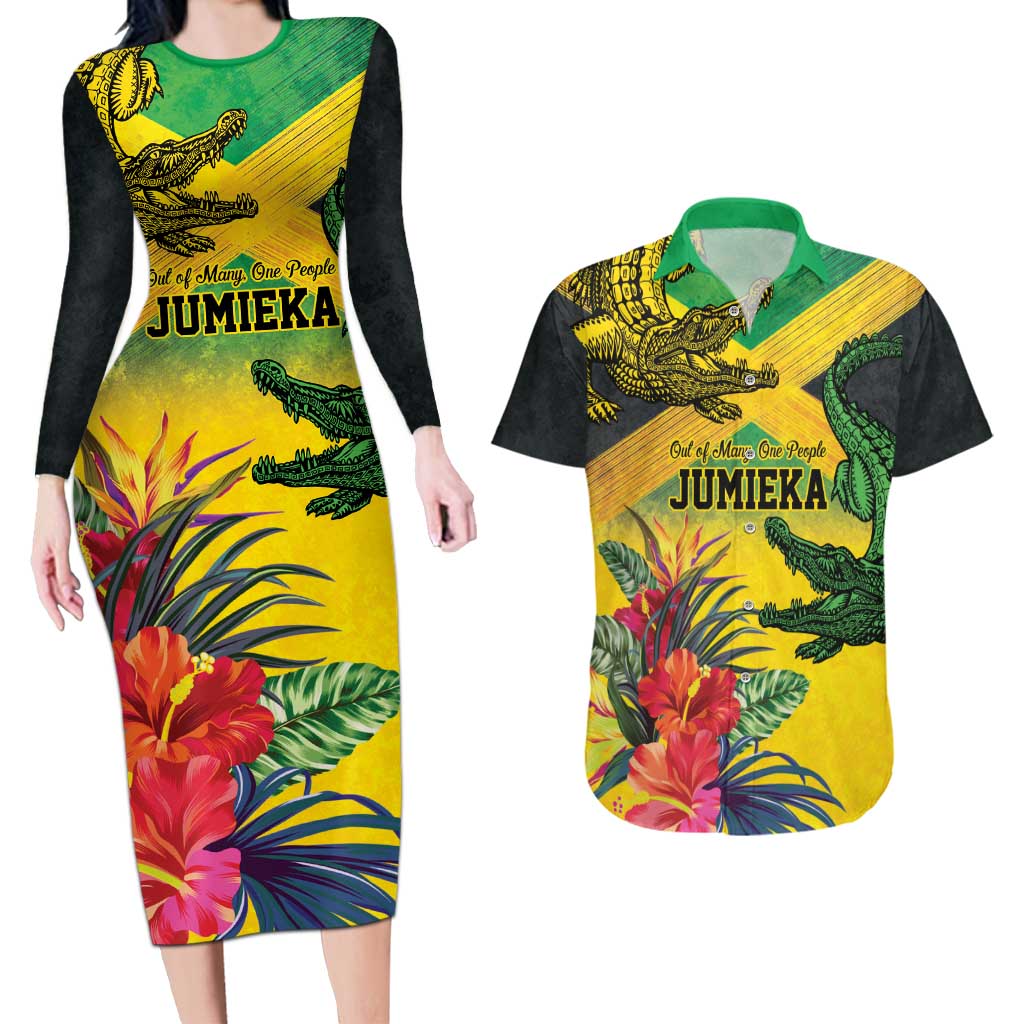 Personalized Jamaica Crocodile Couples Matching Long Sleeve Bodycon Dress and Hawaiian Shirt Tropical Flowers Grunge Flag - Wonder Print Shop
