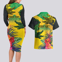 Personalized Jamaica Crocodile Couples Matching Long Sleeve Bodycon Dress and Hawaiian Shirt Tropical Flowers Grunge Flag - Wonder Print Shop