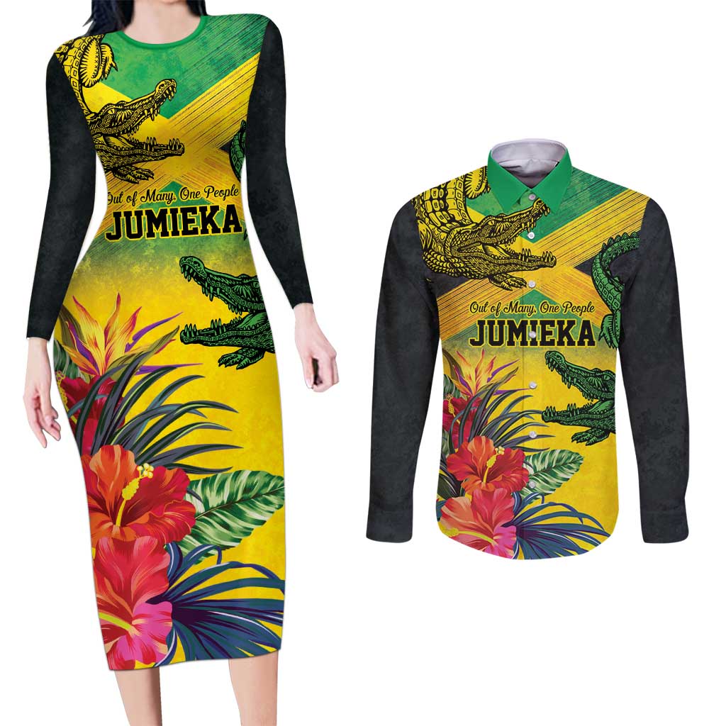 Personalized Jamaica Crocodile Couples Matching Long Sleeve Bodycon Dress and Long Sleeve Button Shirt Tropical Flowers Grunge Flag - Wonder Print Shop