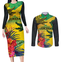 Personalized Jamaica Crocodile Couples Matching Long Sleeve Bodycon Dress and Long Sleeve Button Shirt Tropical Flowers Grunge Flag - Wonder Print Shop