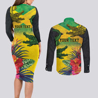 Personalized Jamaica Crocodile Couples Matching Long Sleeve Bodycon Dress and Long Sleeve Button Shirt Tropical Flowers Grunge Flag - Wonder Print Shop