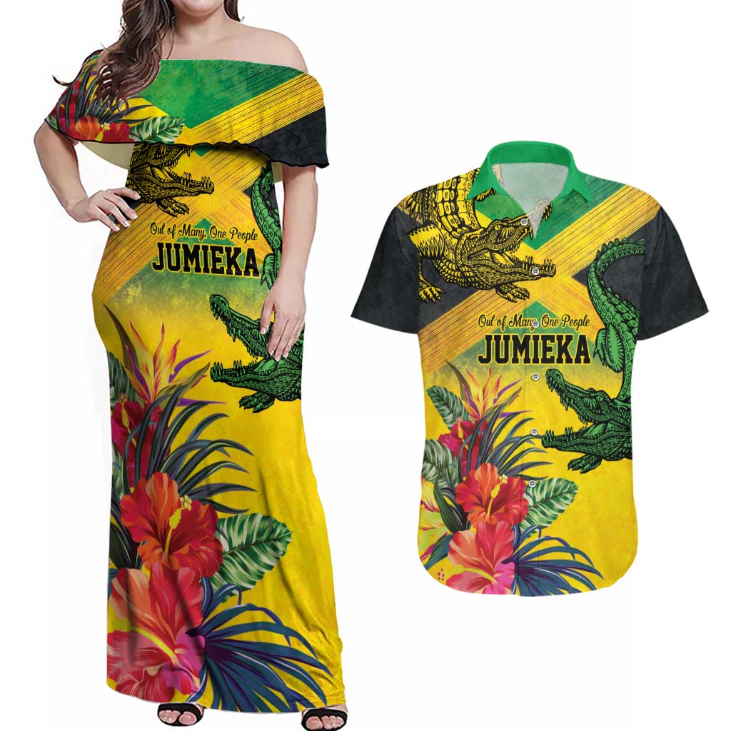 Personalized Jamaica Crocodile Couples Matching Off Shoulder Maxi Dress and Hawaiian Shirt Tropical Flowers Grunge Flag - Wonder Print Shop