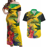 Personalized Jamaica Crocodile Couples Matching Off Shoulder Maxi Dress and Hawaiian Shirt Tropical Flowers Grunge Flag - Wonder Print Shop