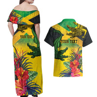Personalized Jamaica Crocodile Couples Matching Off Shoulder Maxi Dress and Hawaiian Shirt Tropical Flowers Grunge Flag - Wonder Print Shop