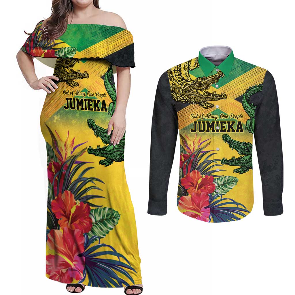 Personalized Jamaica Crocodile Couples Matching Off Shoulder Maxi Dress and Long Sleeve Button Shirt Tropical Flowers Grunge Flag - Wonder Print Shop