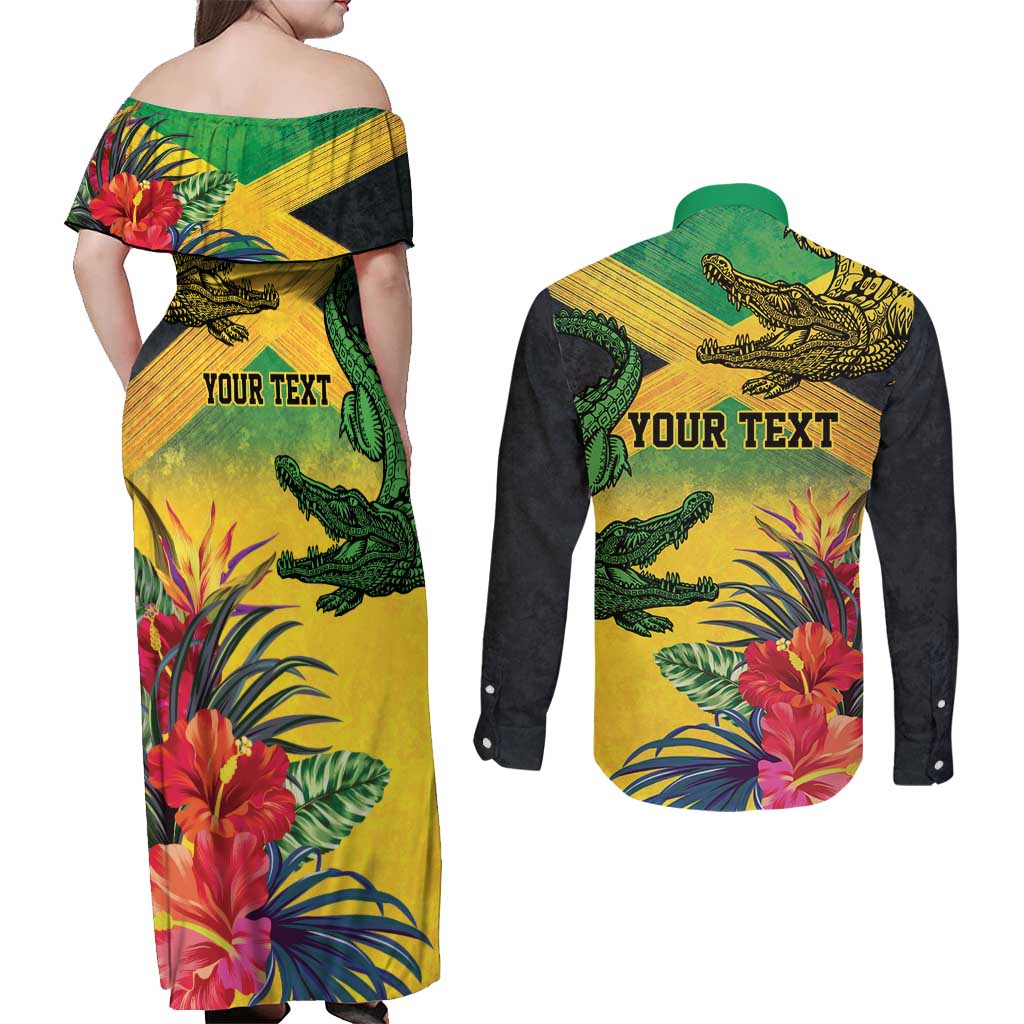 Personalized Jamaica Crocodile Couples Matching Off Shoulder Maxi Dress and Long Sleeve Button Shirt Tropical Flowers Grunge Flag - Wonder Print Shop