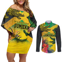 Personalized Jamaica Crocodile Couples Matching Off Shoulder Short Dress and Long Sleeve Button Shirt Tropical Flowers Grunge Flag - Wonder Print Shop