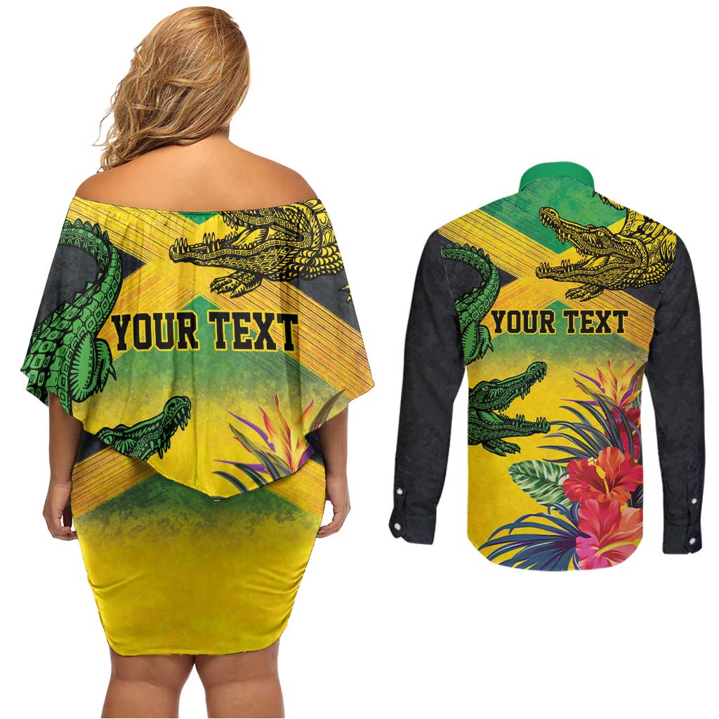 Personalized Jamaica Crocodile Couples Matching Off Shoulder Short Dress and Long Sleeve Button Shirt Tropical Flowers Grunge Flag - Wonder Print Shop