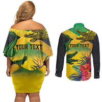 Personalized Jamaica Crocodile Couples Matching Off Shoulder Short Dress and Long Sleeve Button Shirt Tropical Flowers Grunge Flag - Wonder Print Shop