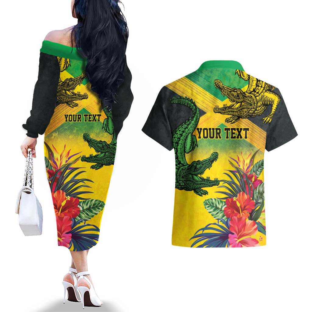 Personalized Jamaica Crocodile Couples Matching Off The Shoulder Long Sleeve Dress and Hawaiian Shirt Tropical Flowers Grunge Flag - Wonder Print Shop
