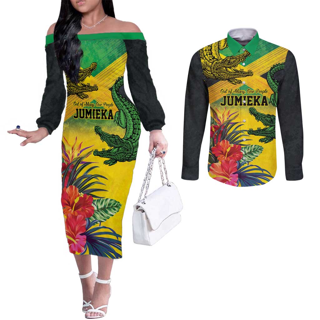Personalized Jamaica Crocodile Couples Matching Off The Shoulder Long Sleeve Dress and Long Sleeve Button Shirt Tropical Flowers Grunge Flag - Wonder Print Shop