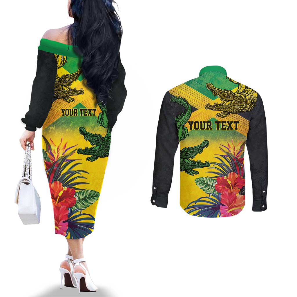 Personalized Jamaica Crocodile Couples Matching Off The Shoulder Long Sleeve Dress and Long Sleeve Button Shirt Tropical Flowers Grunge Flag - Wonder Print Shop