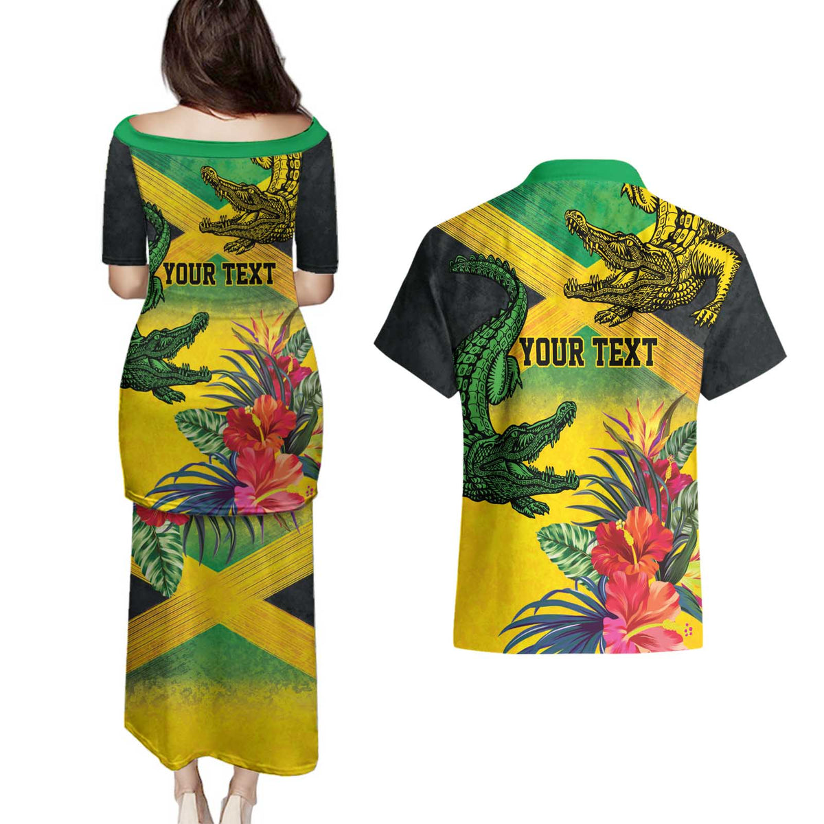Personalized Jamaica Crocodile Couples Matching Puletasi and Hawaiian Shirt Tropical Flowers Grunge Flag - Wonder Print Shop