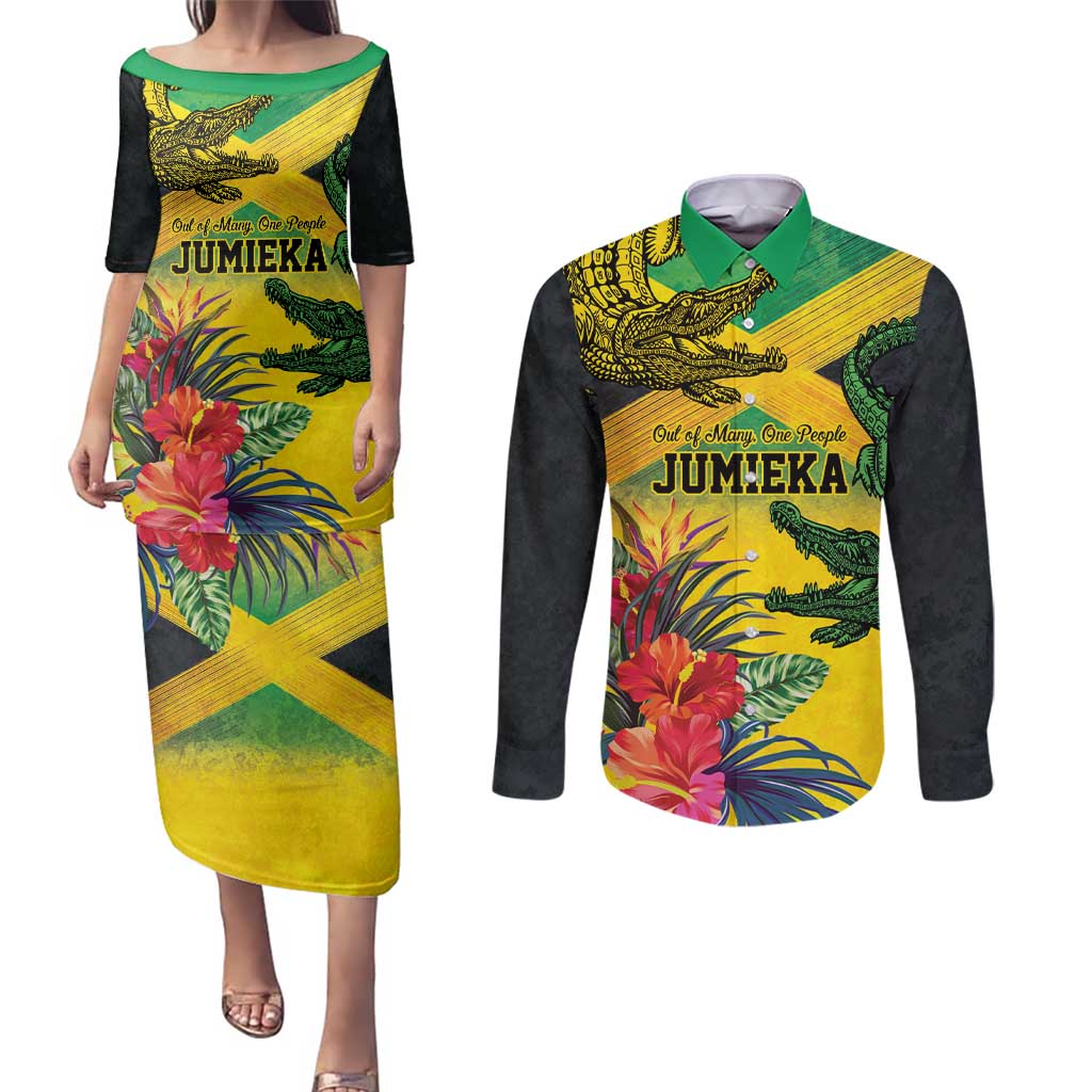 Personalized Jamaica Crocodile Couples Matching Puletasi and Long Sleeve Button Shirt Tropical Flowers Grunge Flag - Wonder Print Shop