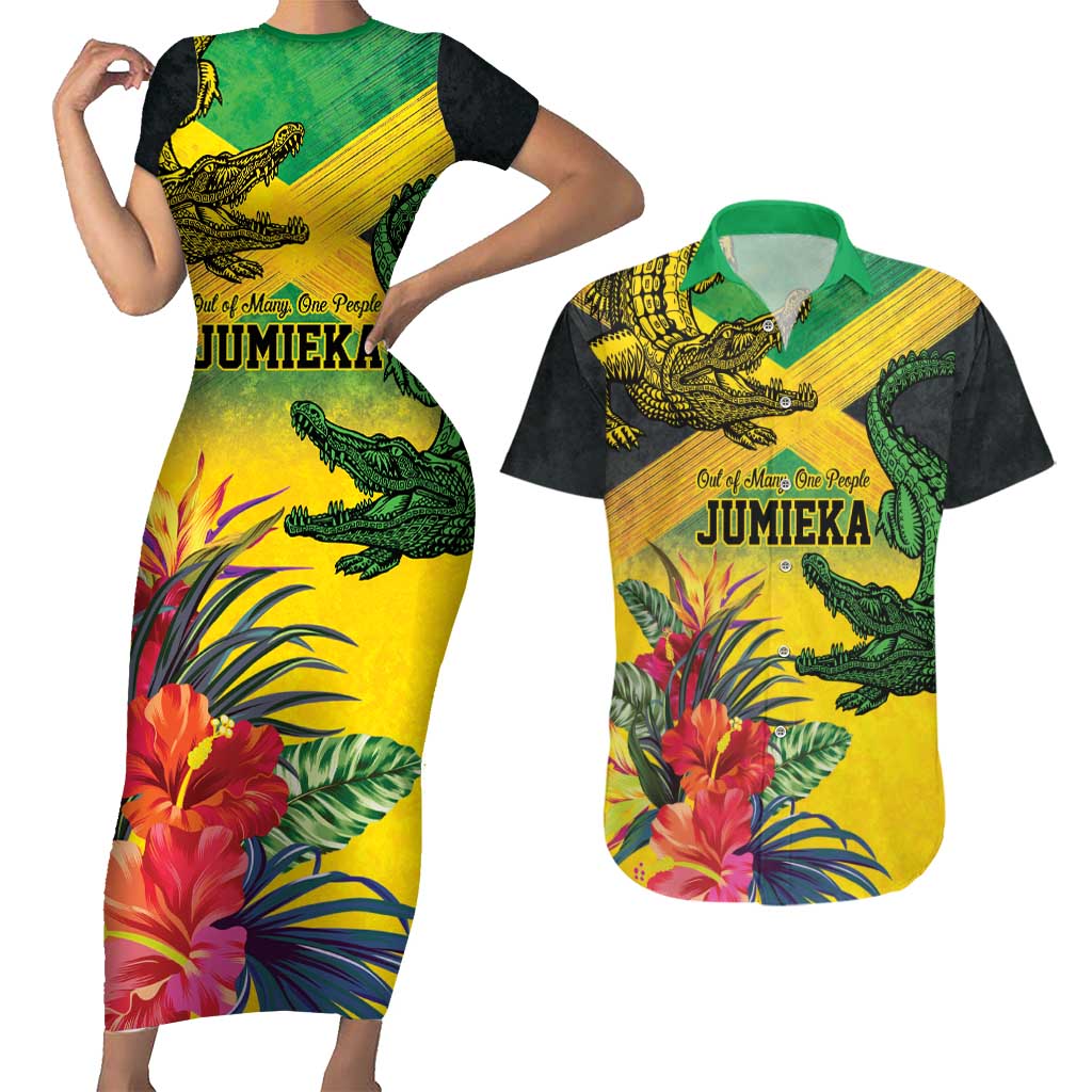 Personalized Jamaica Crocodile Couples Matching Short Sleeve Bodycon Dress and Hawaiian Shirt Tropical Flowers Grunge Flag - Wonder Print Shop