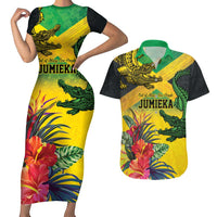 Personalized Jamaica Crocodile Couples Matching Short Sleeve Bodycon Dress and Hawaiian Shirt Tropical Flowers Grunge Flag - Wonder Print Shop