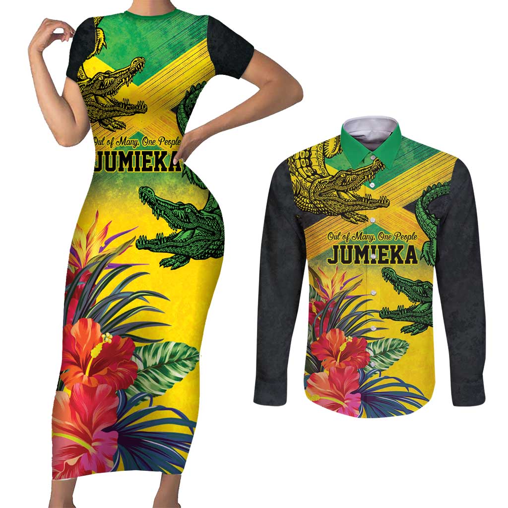 Personalized Jamaica Crocodile Couples Matching Short Sleeve Bodycon Dress and Long Sleeve Button Shirt Tropical Flowers Grunge Flag - Wonder Print Shop