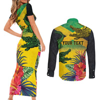 Personalized Jamaica Crocodile Couples Matching Short Sleeve Bodycon Dress and Long Sleeve Button Shirt Tropical Flowers Grunge Flag - Wonder Print Shop