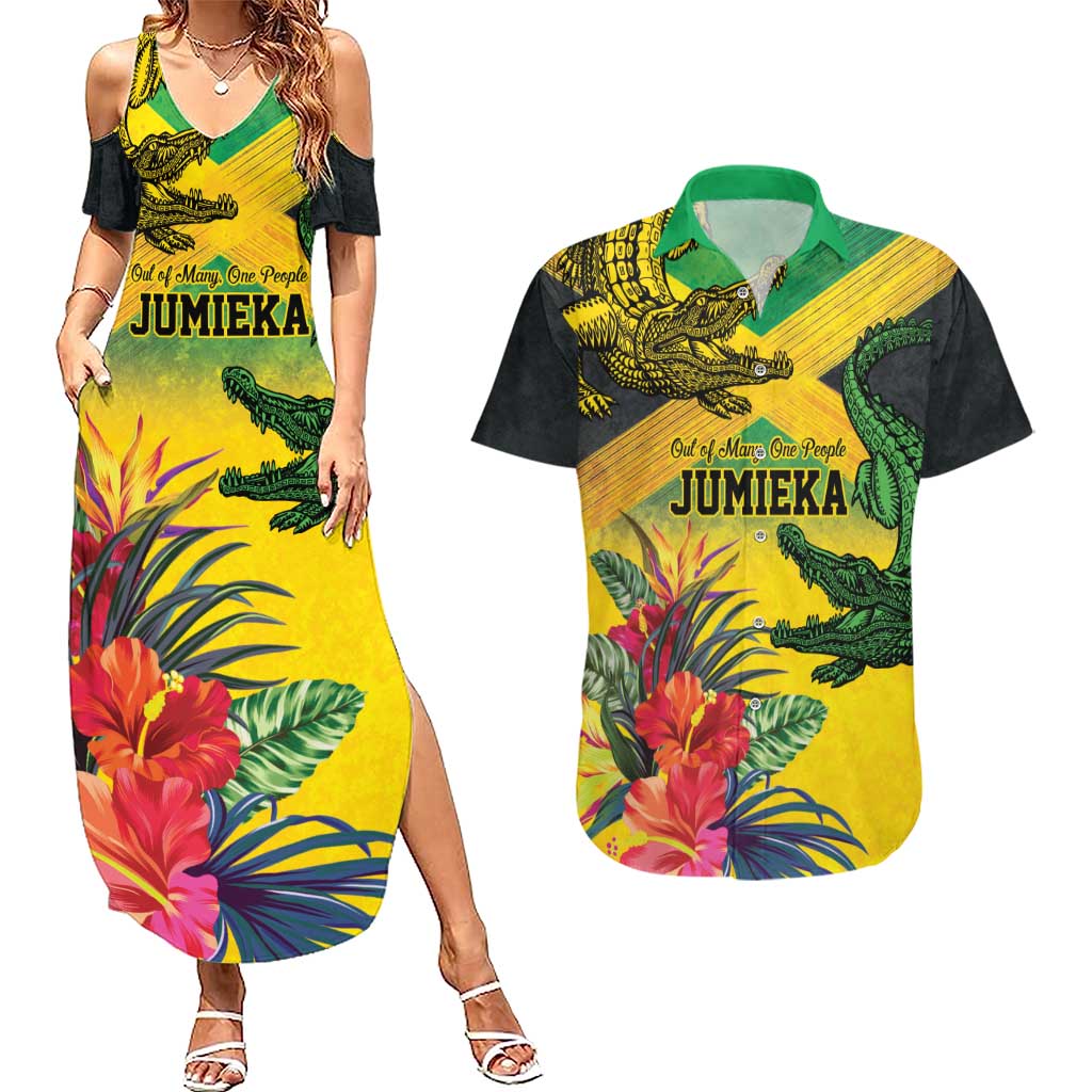 Personalized Jamaica Crocodile Couples Matching Summer Maxi Dress and Hawaiian Shirt Tropical Flowers Grunge Flag - Wonder Print Shop