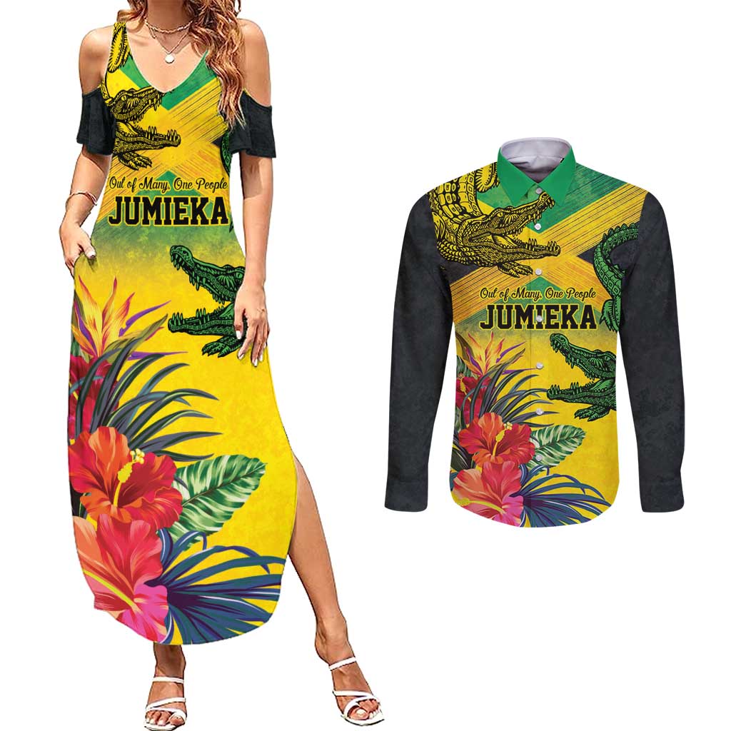 Personalized Jamaica Crocodile Couples Matching Summer Maxi Dress and Long Sleeve Button Shirt Tropical Flowers Grunge Flag - Wonder Print Shop