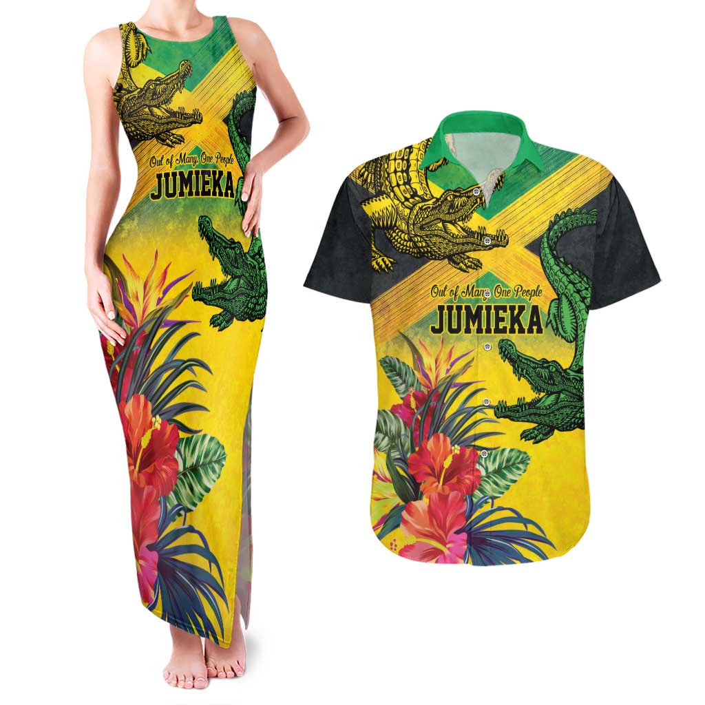 Personalized Jamaica Crocodile Couples Matching Tank Maxi Dress and Hawaiian Shirt Tropical Flowers Grunge Flag - Wonder Print Shop