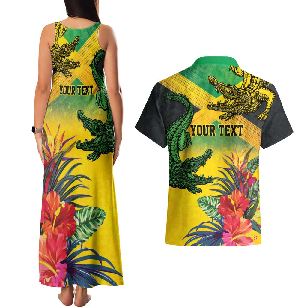 Personalized Jamaica Crocodile Couples Matching Tank Maxi Dress and Hawaiian Shirt Tropical Flowers Grunge Flag - Wonder Print Shop