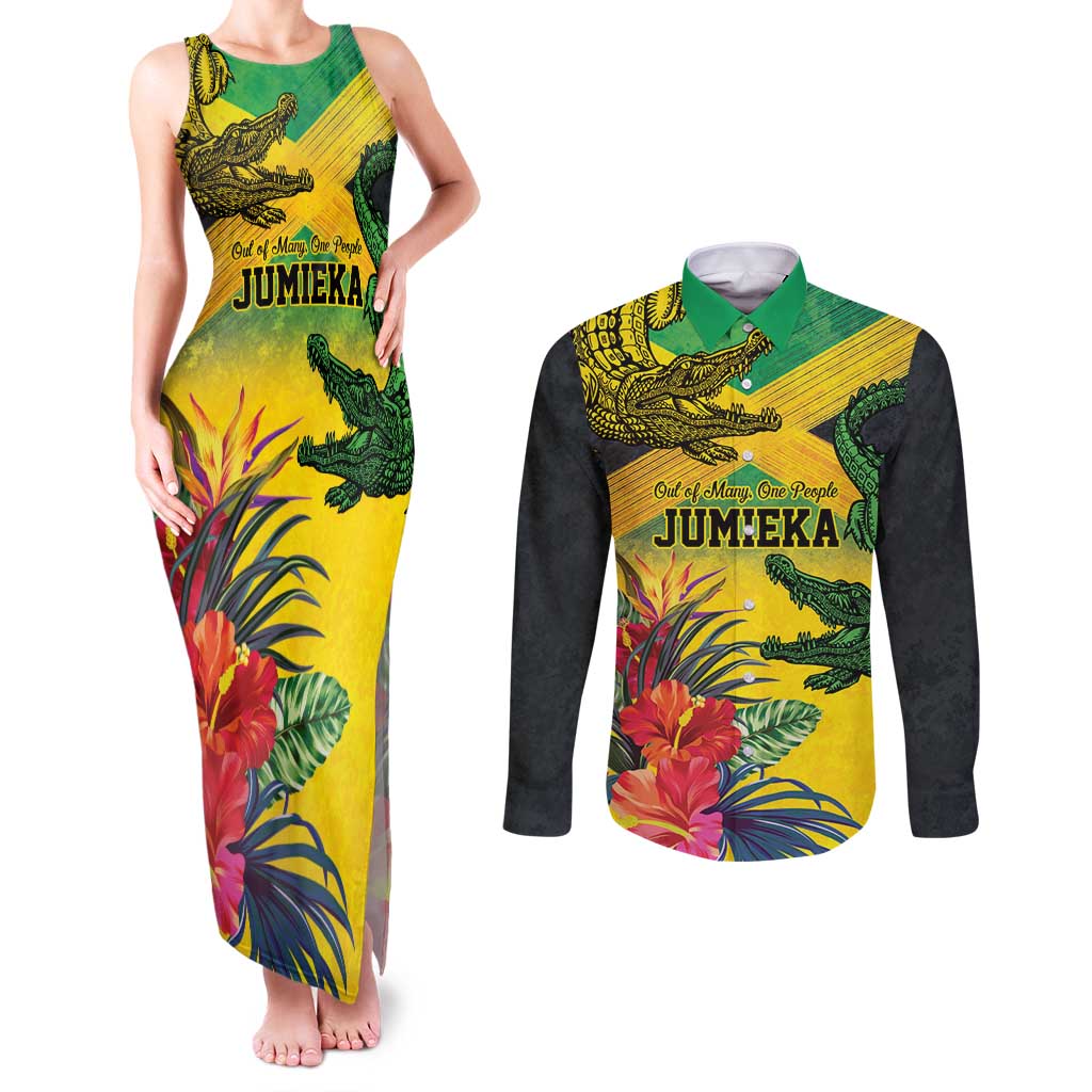 Personalized Jamaica Crocodile Couples Matching Tank Maxi Dress and Long Sleeve Button Shirt Tropical Flowers Grunge Flag - Wonder Print Shop