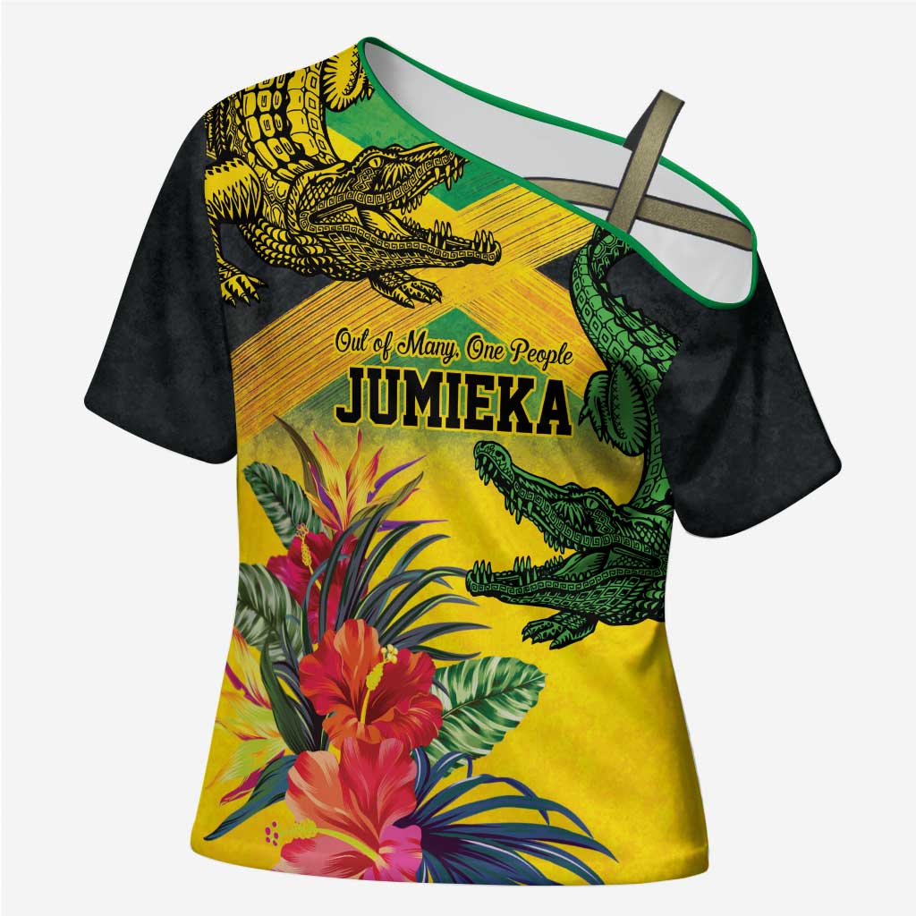 Personalized Jamaica Crocodile Cross Shoulder Shirt Tropical Flowers Grunge Flag - Wonder Print Shop