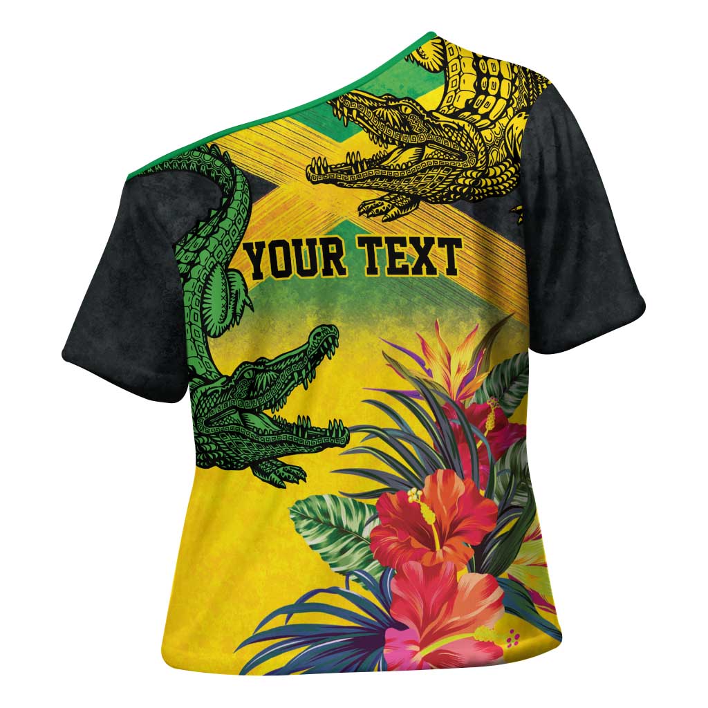 Personalized Jamaica Crocodile Cross Shoulder Shirt Tropical Flowers Grunge Flag - Wonder Print Shop