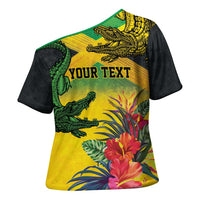 Personalized Jamaica Crocodile Cross Shoulder Shirt Tropical Flowers Grunge Flag - Wonder Print Shop
